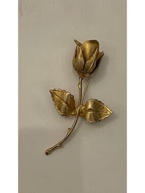 Vintage Elegant Brushed Gold Long Stem Rose 3" Brooch Pin